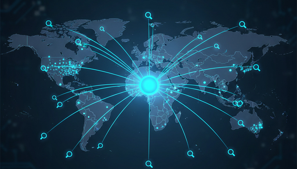 Global SEO reach visualized with a world map and connected search icons.