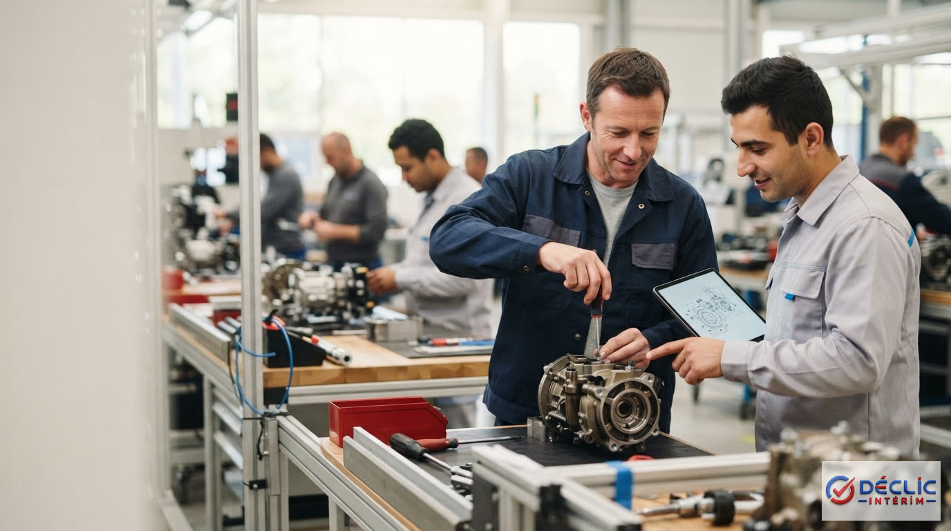 Une équipe mixte de travailleurs français et roumains collaborant en usine.