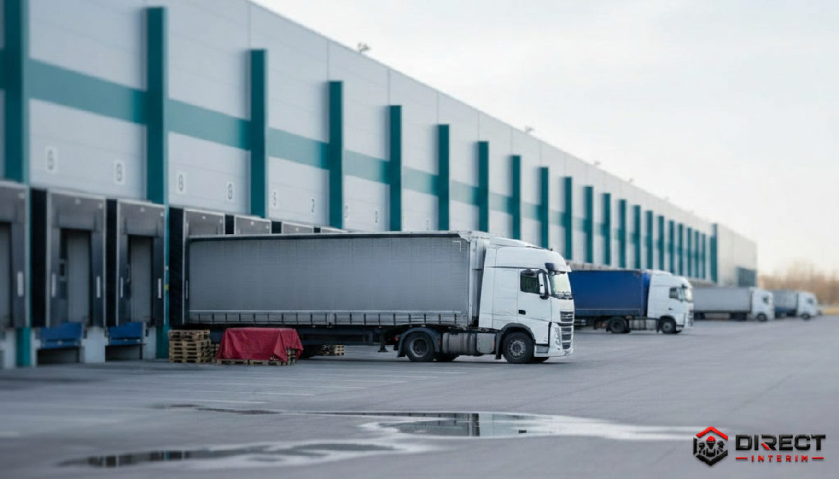 Entrepôts logistiques et camions en chargement.