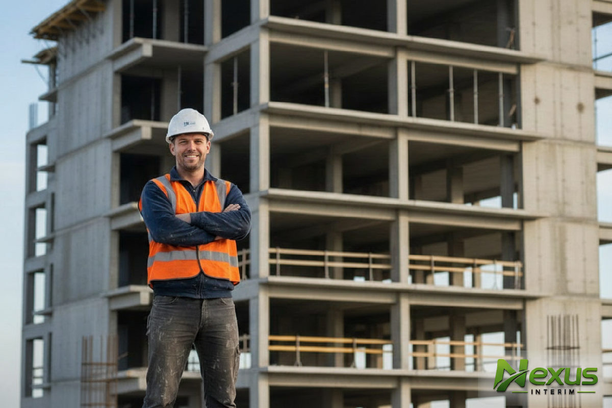 Ouvrier souriant devant un gros œuvre terminé.