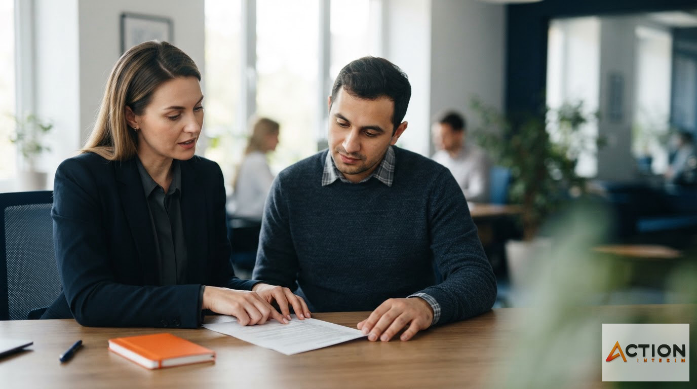 Un recruteur professionnel discutant d'un contrat de travail avec un employé.