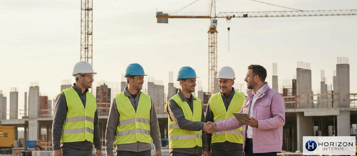 Ouvriers roumains arrivant sur un chantier français accueillis.