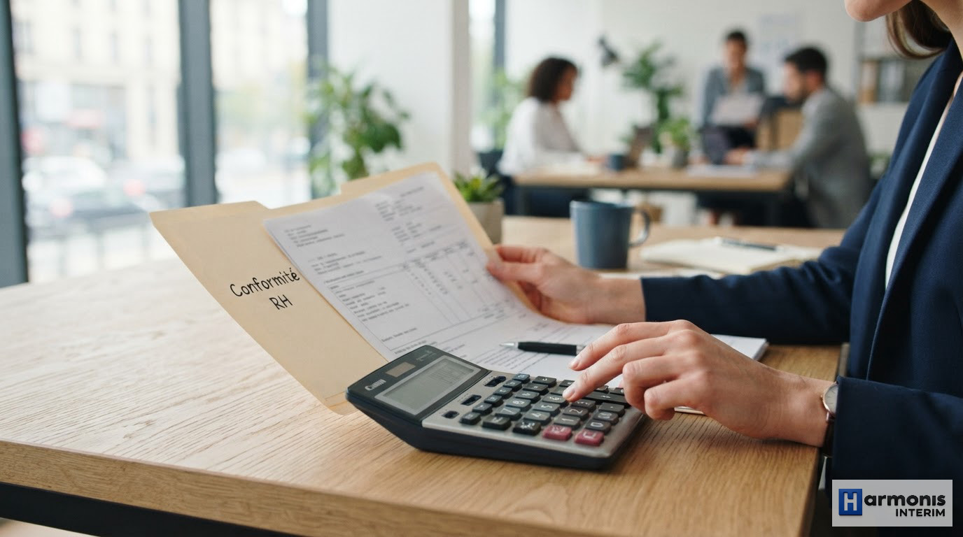 Mains manipulant une calculatrice sur un dossier de conformité RH.