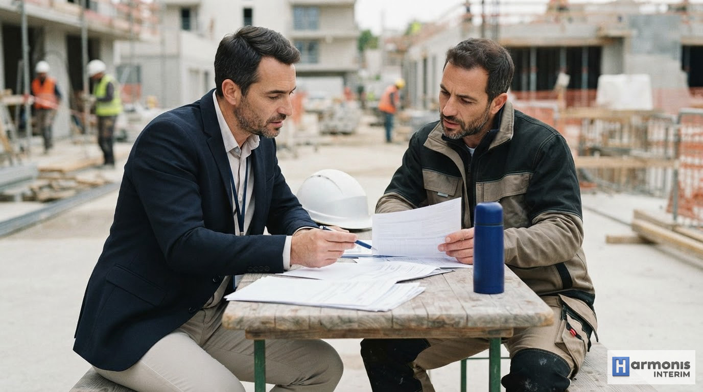 Un inspecteur et un chef de chantier vérifiant des documents officiels.