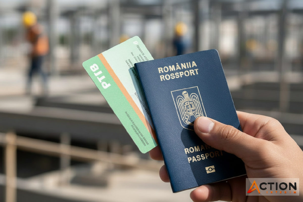 Main tenant carte BTP et passeport, chantier en arrière-plan, conformité.