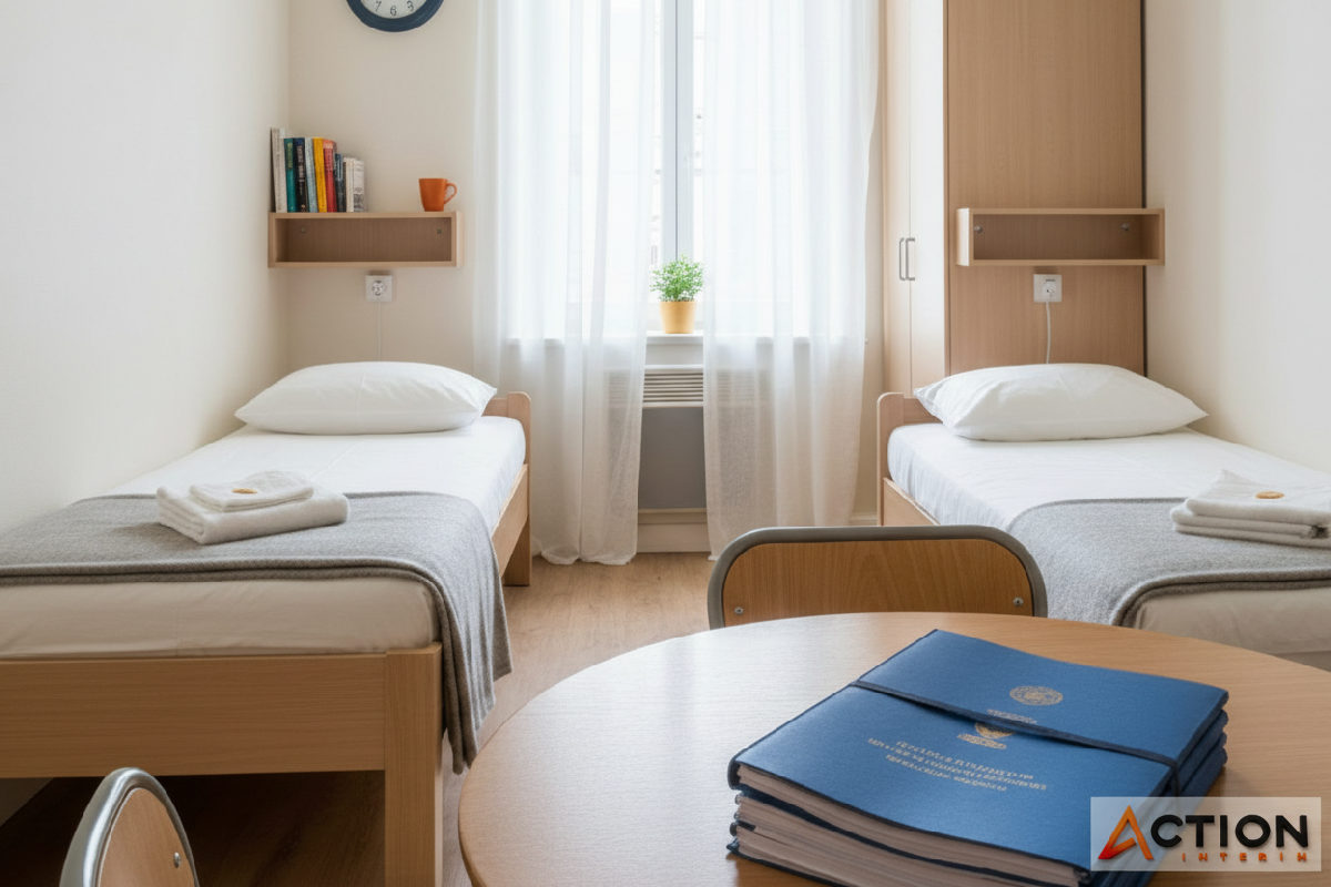 Chambre de logement collectif propre et conforme pour les ouvriers, loi française.