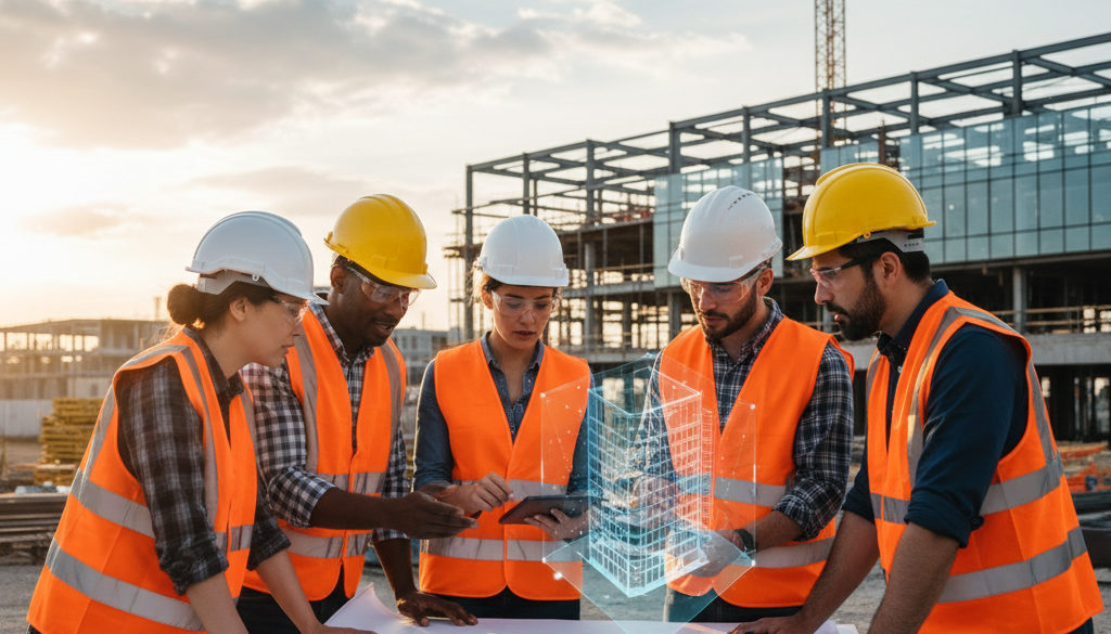 productivité équipes multiculturelles BTP – Équipe de construction multiculturelle collaborant sur des plans sur un chantier