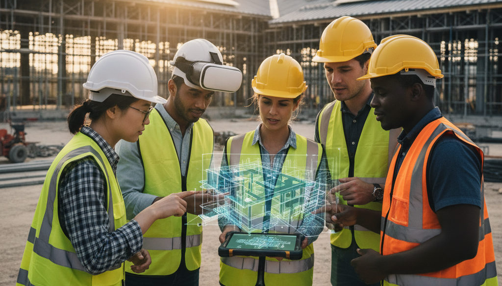 Un chef de chantier utilise une tablette pour montrer des visualisations 3D à des ouvriers internationaux.