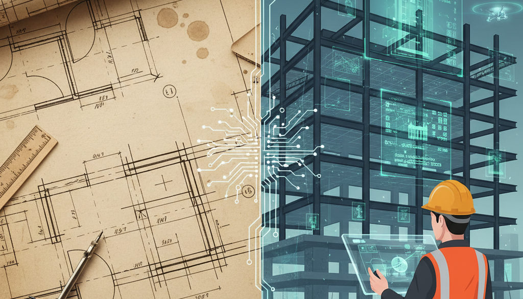 Comparaison d'un plan papier traditionnel et d'une interface de réalité augmentée sur un chantier.