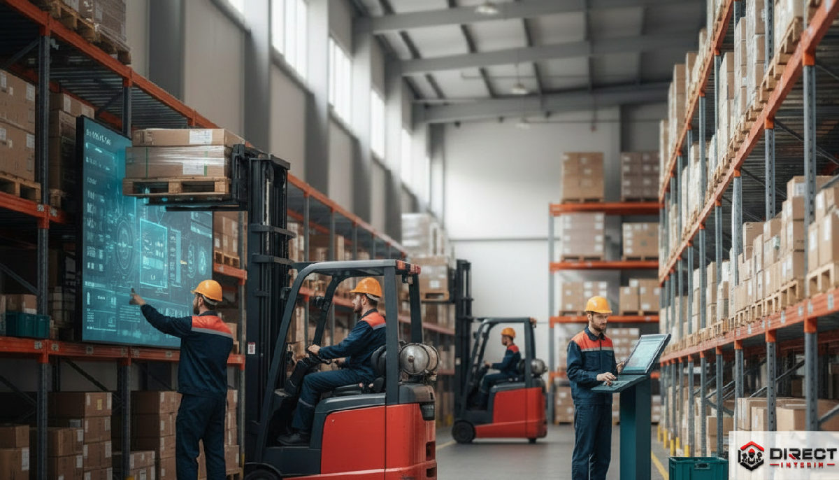 Entrepôt logistique avec travailleurs roumains et technologie.