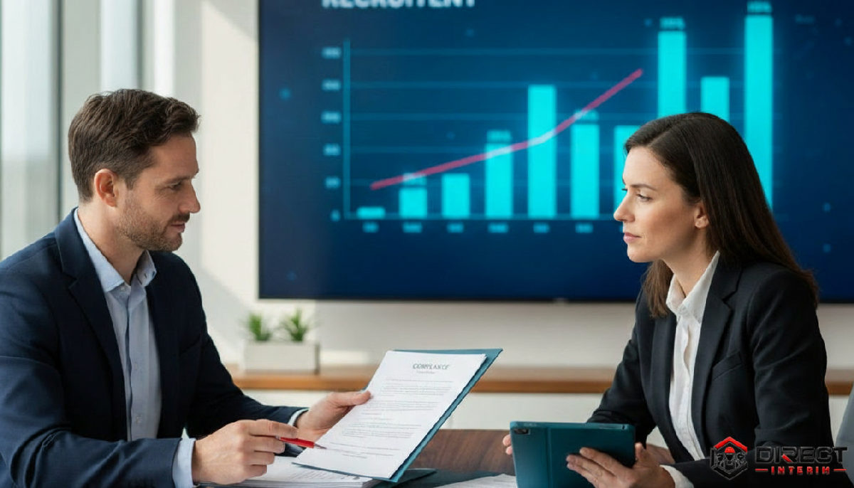 Responsables RH discutant de conformité et de recrutement.