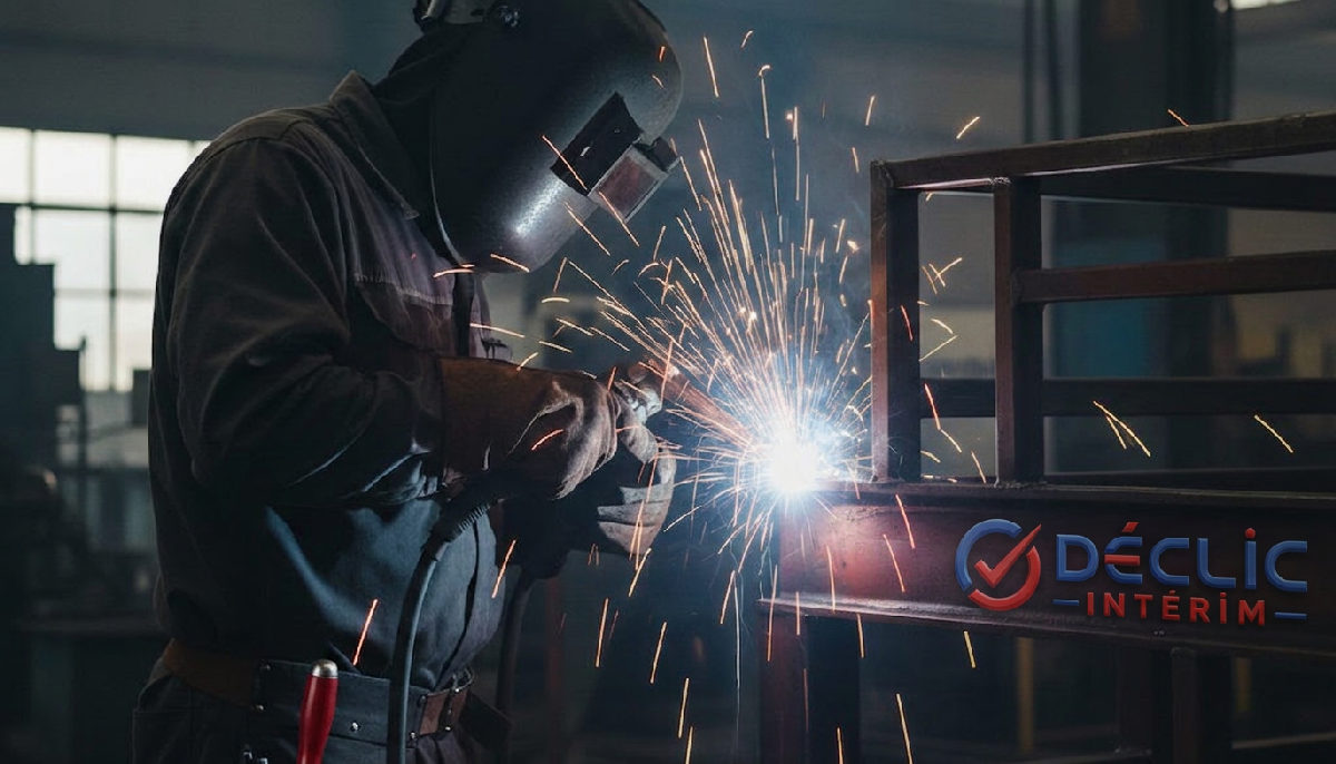 Gros plan d'un soudeur de haute précision au travail dans une usine industrielle, des étincelles jaillissant, symbolisant la qualité du recrutement par Déclic Intérim.