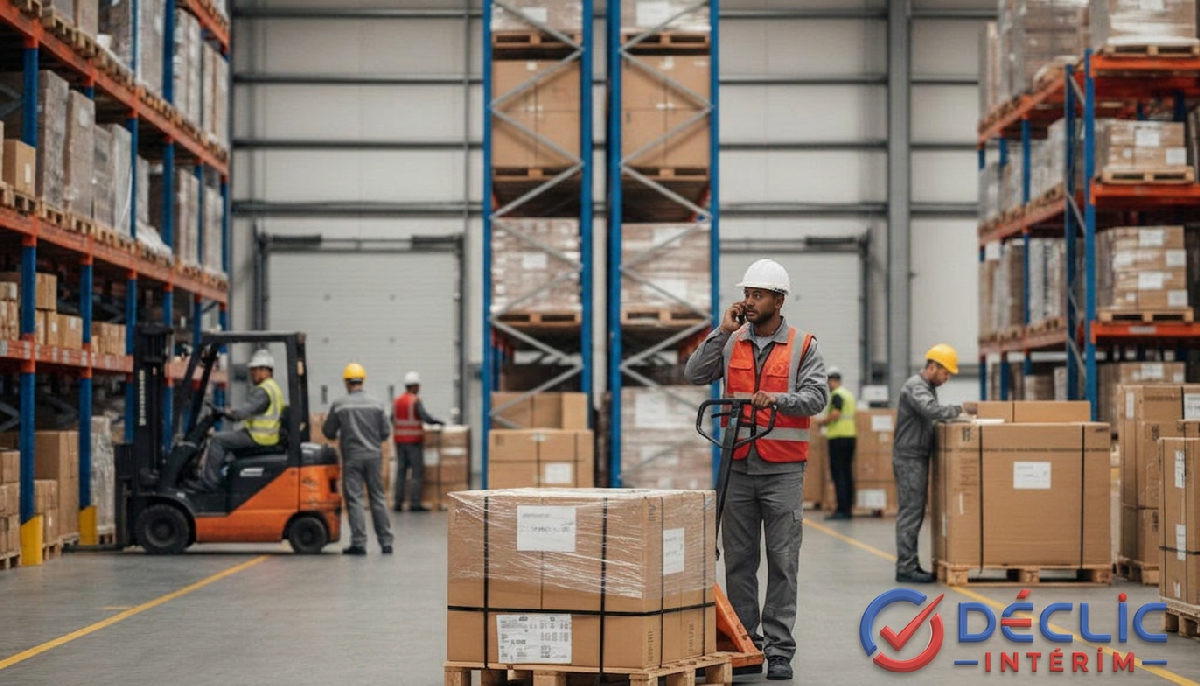 Un entrepôt logistique avec des travailleurs déplaçant efficacement des palettes et organisant le fret, représentant les solutions de transport et de logistique de Déclic Intérim.