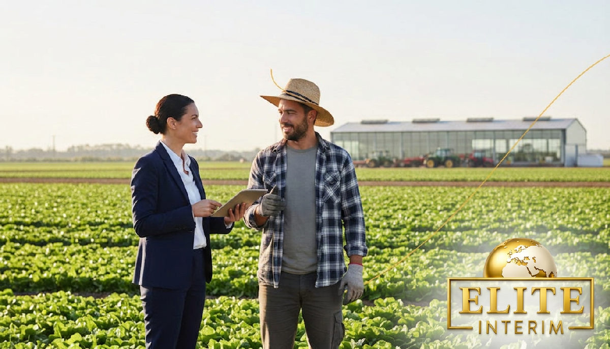 Manager et travailleur détaché discutant sur un site agricole.