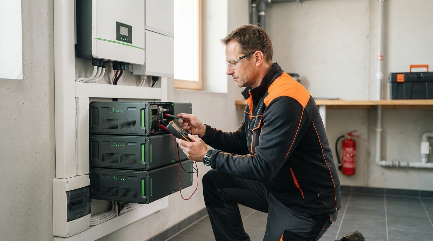 Technik provádějící pravidelnou kontrolu domácího bateriového systému v technické místnosti.