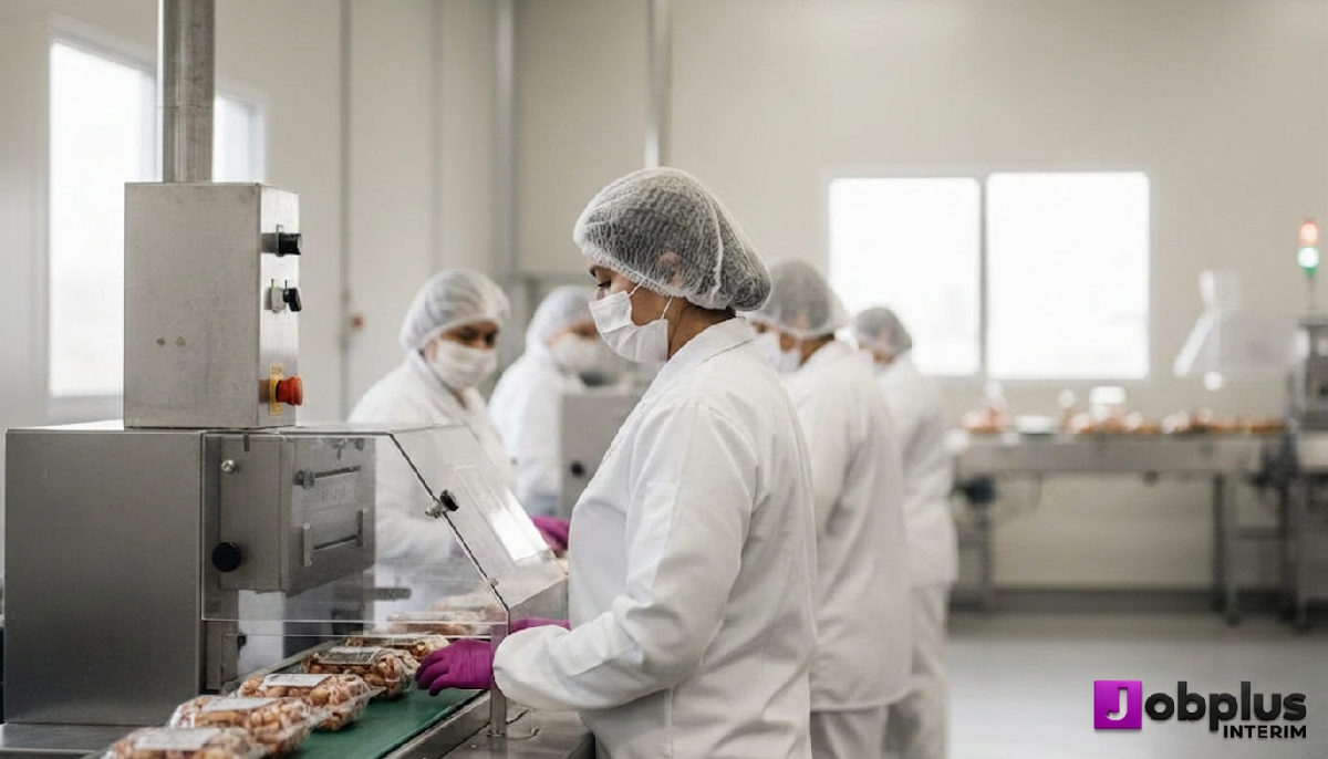 optimisation coûts salaires agroalimentaire roumains - Ligne de production agroalimentaire avec des travailleurs en tenue hygiénique.