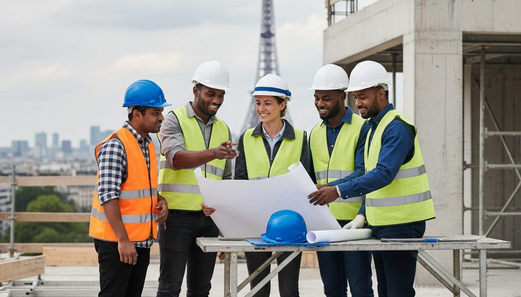 Travailleurs internationaux qualifiés collaborant sur un chantier en France.