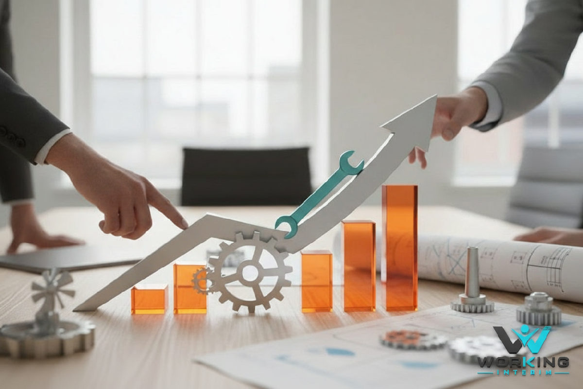 Tableau illustrant la croissance industrielle avec du personnel intérimaire international qualifié.