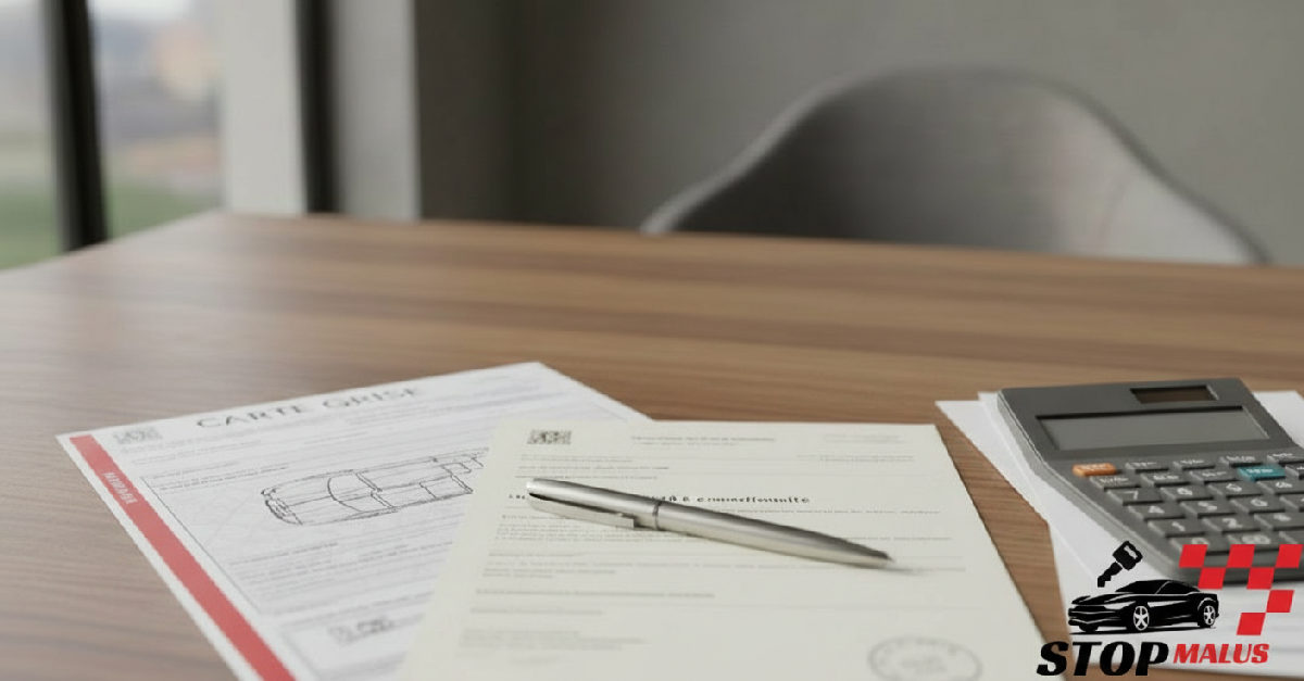 Bureau administratif avec documents et calculatrice pour l'immatriculation.