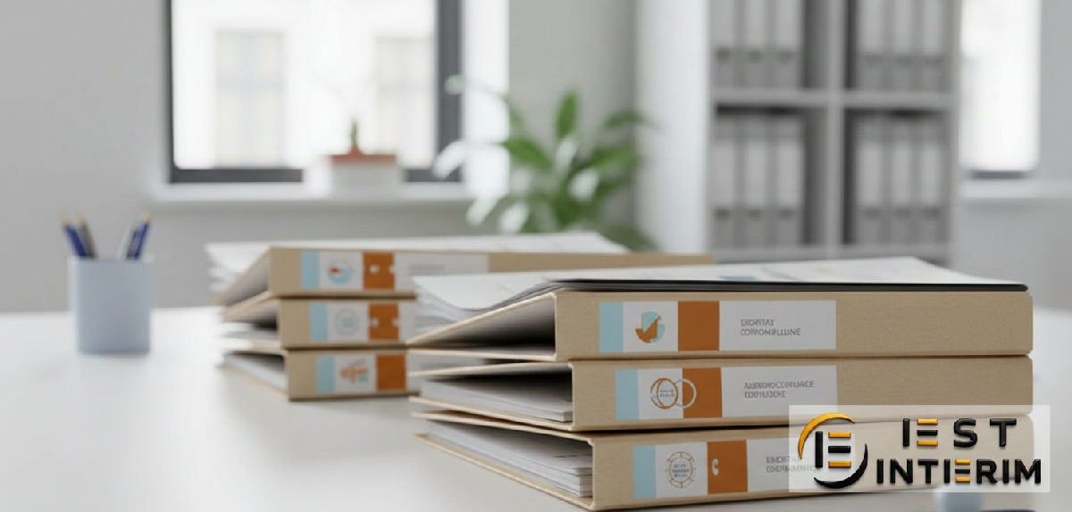 Bureau d'agence d'intérim avec dossiers de travailleurs et labels UE.