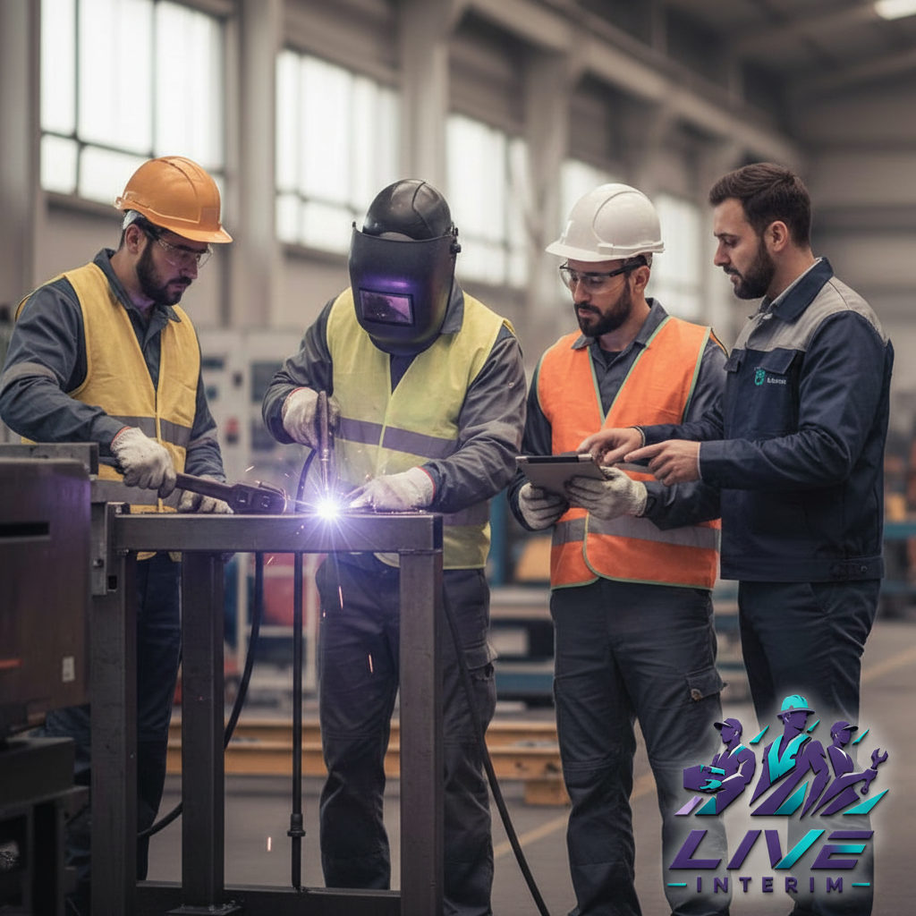 Travailleurs roumains en EPI sur un chantier industriel en France.