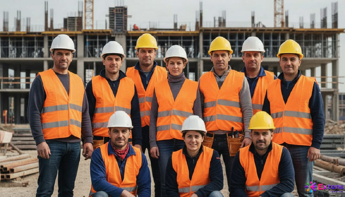 Ouvriers roumains confiants sur un chantier en France.
