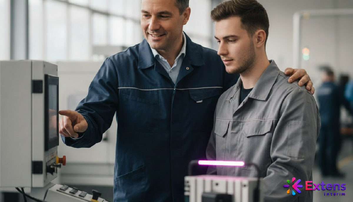 Manager français formant un jeune travailleur roumain sur une machine.