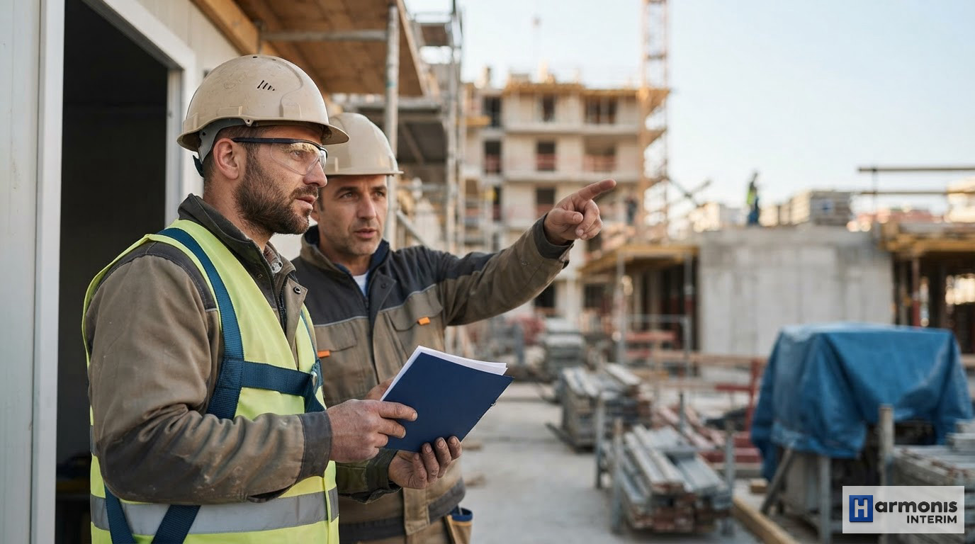 accueillir intérimaires roumains sur chantier étapes - Un chef de chantier accueillant une équipe d'ouvriers sur un site de construction.