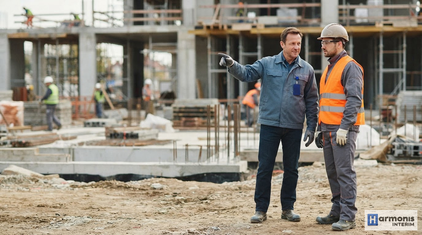 Ouvriers spécialisés travaillant ensemble sur un chantier de bâtiment moderne.
