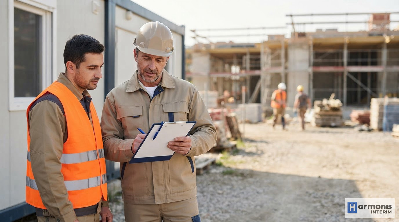 Réunion de sécurité matinale avec des intérimaires sur un chantier en construction.
