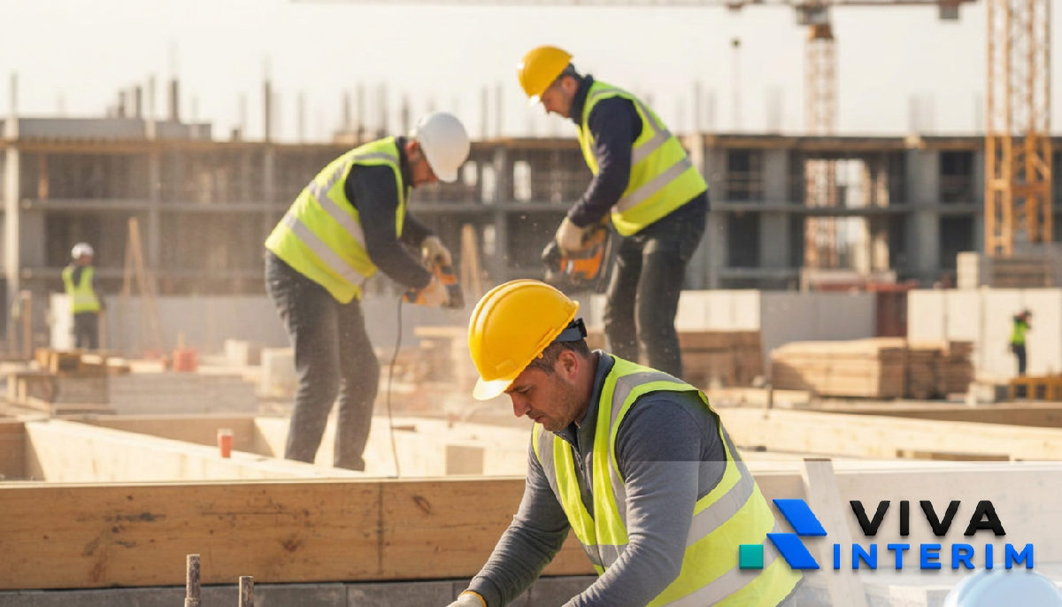 Chantier animé : ouvriers qualifiés collaborant efficacement.