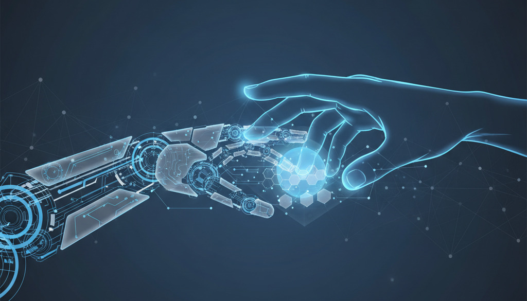 Mano humana guiando un elemento digital, simbolizando la colaboración con IA.
