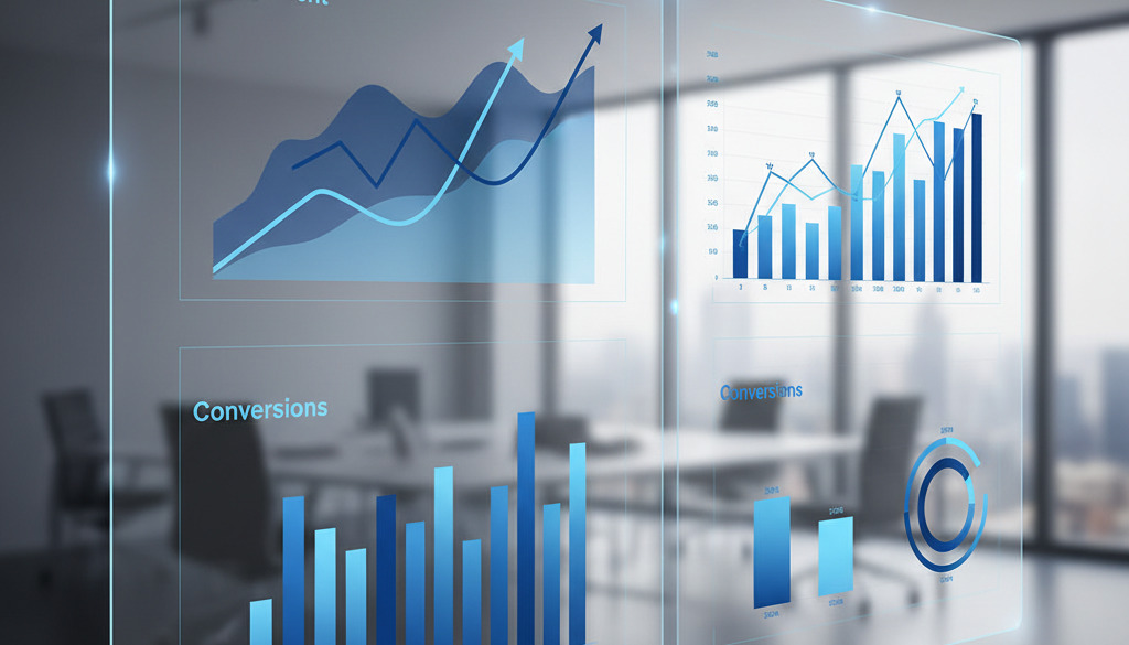 Panel de negocios que muestra gráficos de crecimiento de participación y conversiones.