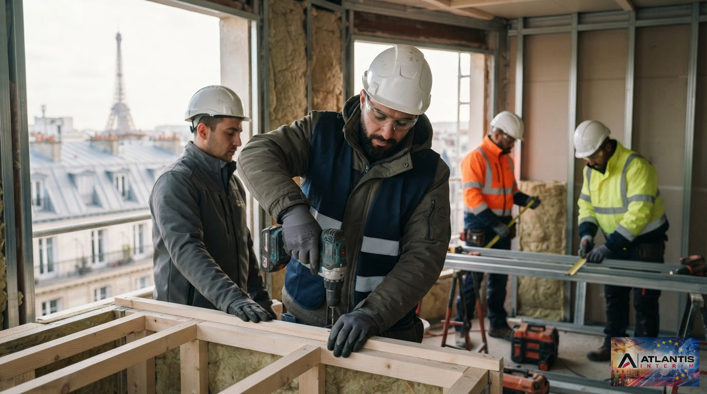 Une équipe professionnelle équipée sur un chantier de construction en Île-de-France.