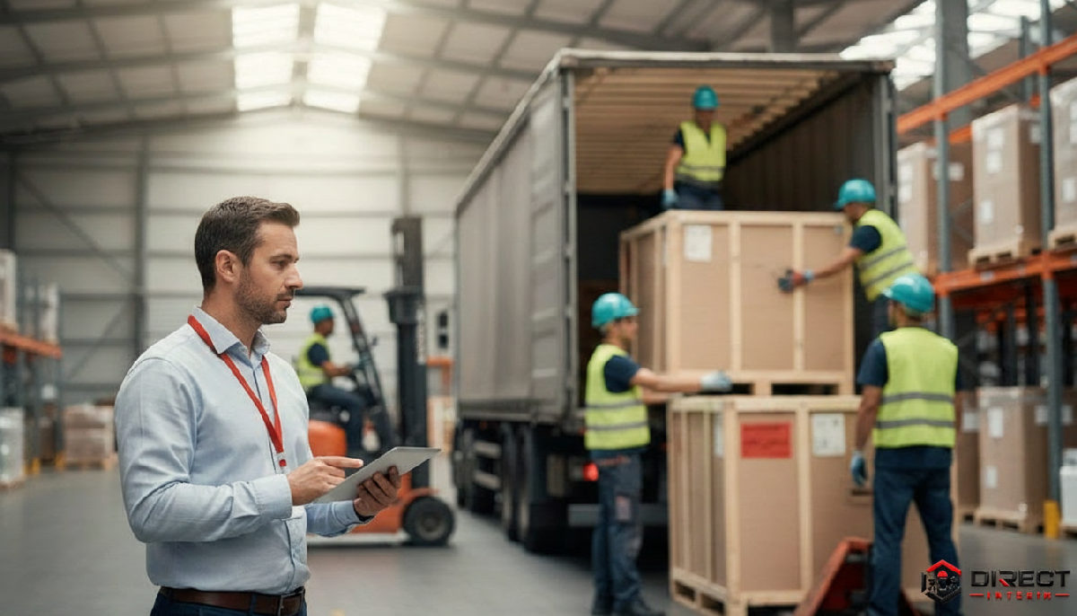 Gestionnaire supervisant des travailleurs dans un entrepôt logistique.