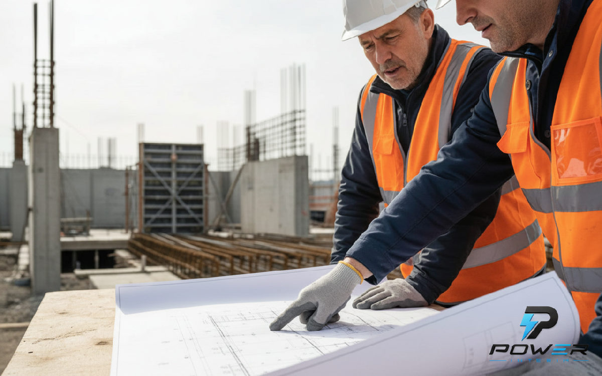 Plan d'architecte examiné par un chef de chantier français et un ouvrier roumain.