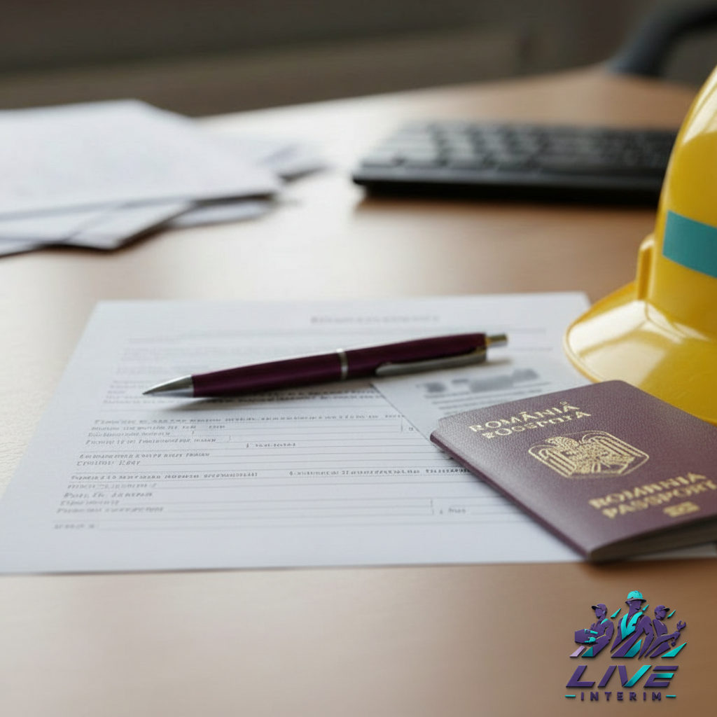 comment obtenir formulaire A1 travailleur détaché roumain - Formulaire A1, passeport roumain et casque de chantier sur un bureau.