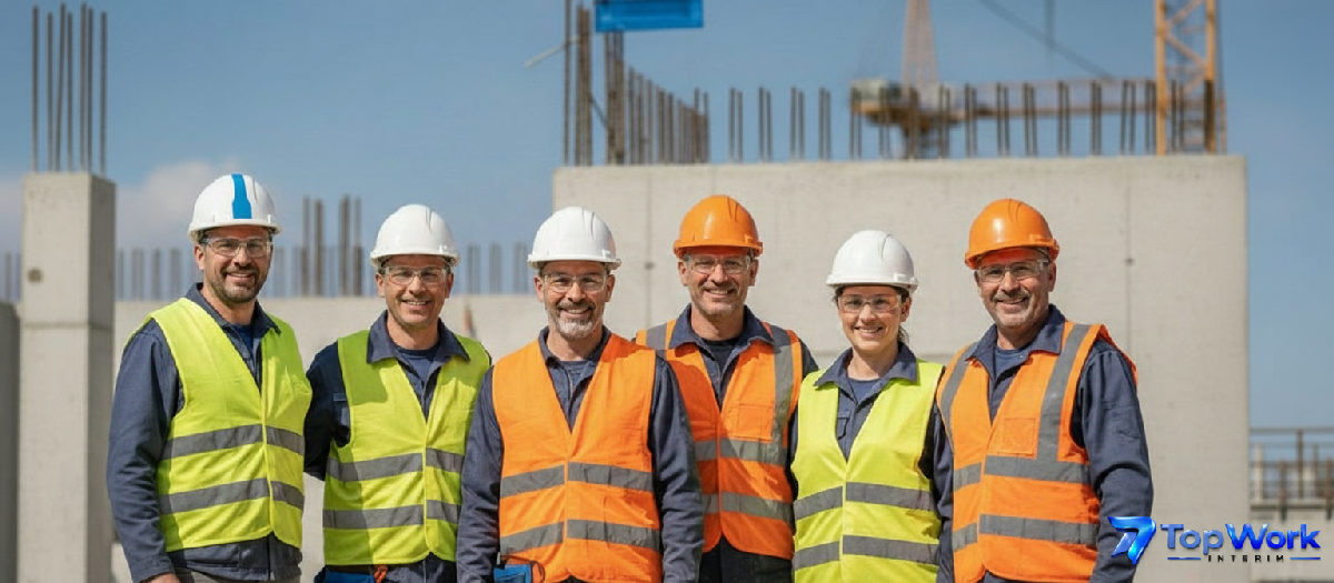 Équipe d'ouvriers du bâtiment souriants et équipés en France.