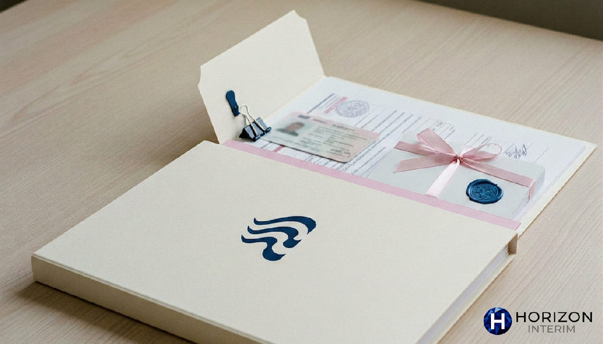 Dossier Horizon Interim avec pièces justificatives et cartes d'identité.
