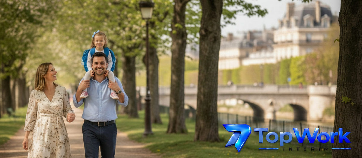 Une famille roumaine profite d'un parc en France, sereine.