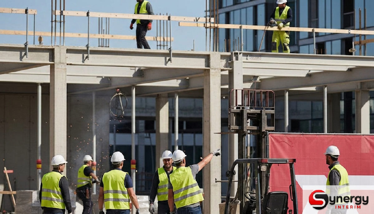 Synergie Intérim : Optimiser coûts RH et flexibilité 1 synergie intérim optimisation coûts rh - Chantier de construction dynamique en France avec des ouvriers qualifiés.
