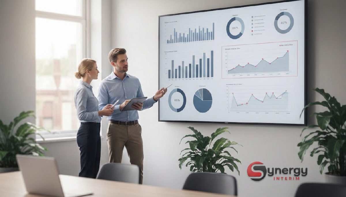 Synergie Intérim : Optimiser coûts RH et flexibilité 1 Bureau RH analysant des indicateurs de performance et de coûts sur un tableau de bord.