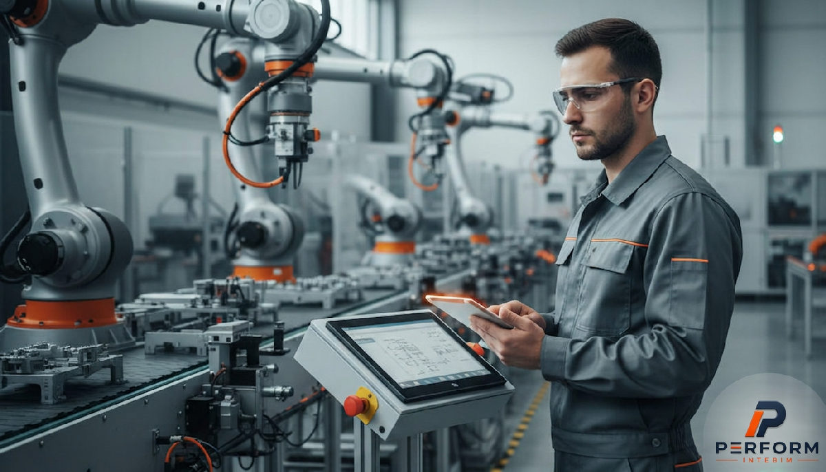 Technicien roumain supervisant une ligne de production robotisée.