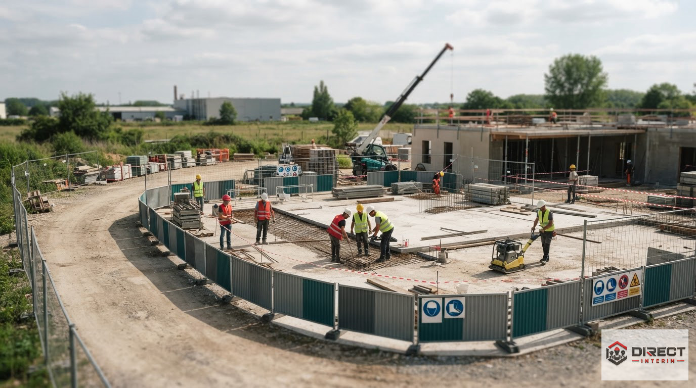 Vue aérienne d'un chantier sécurisé avec signalisation et ouvriers respectant les consignes.