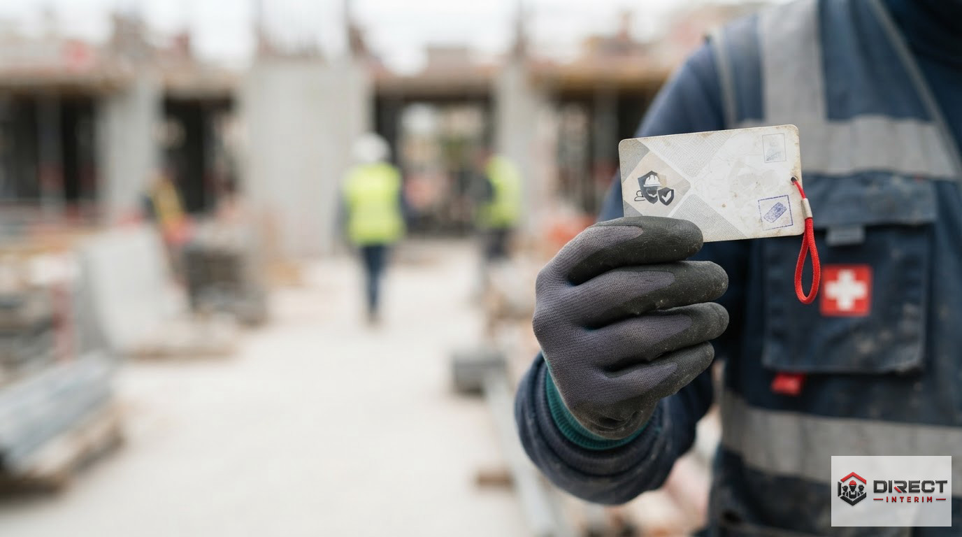 Une main gantée tenant une carte de Passeport Sécurité Intérim sur le chantier.