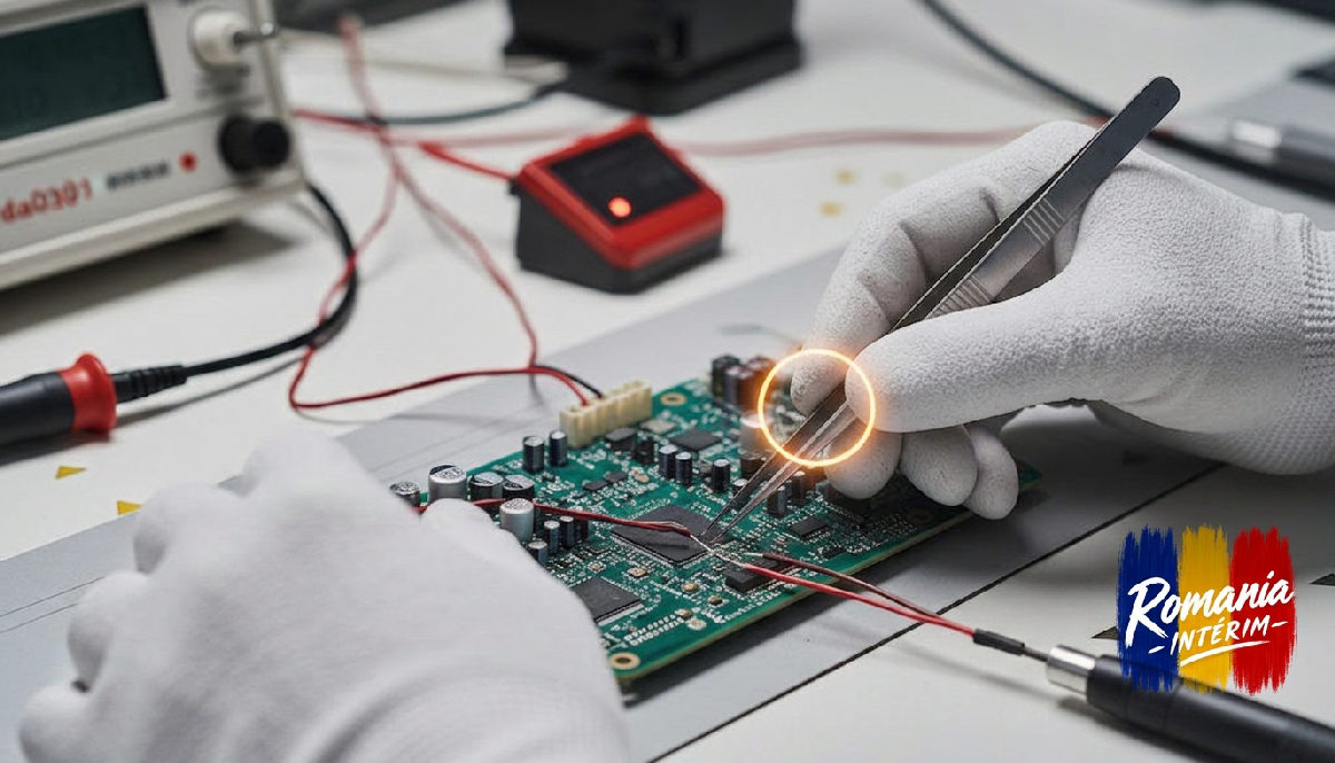 Mains expertes ajustant un composant électronique avec précision.