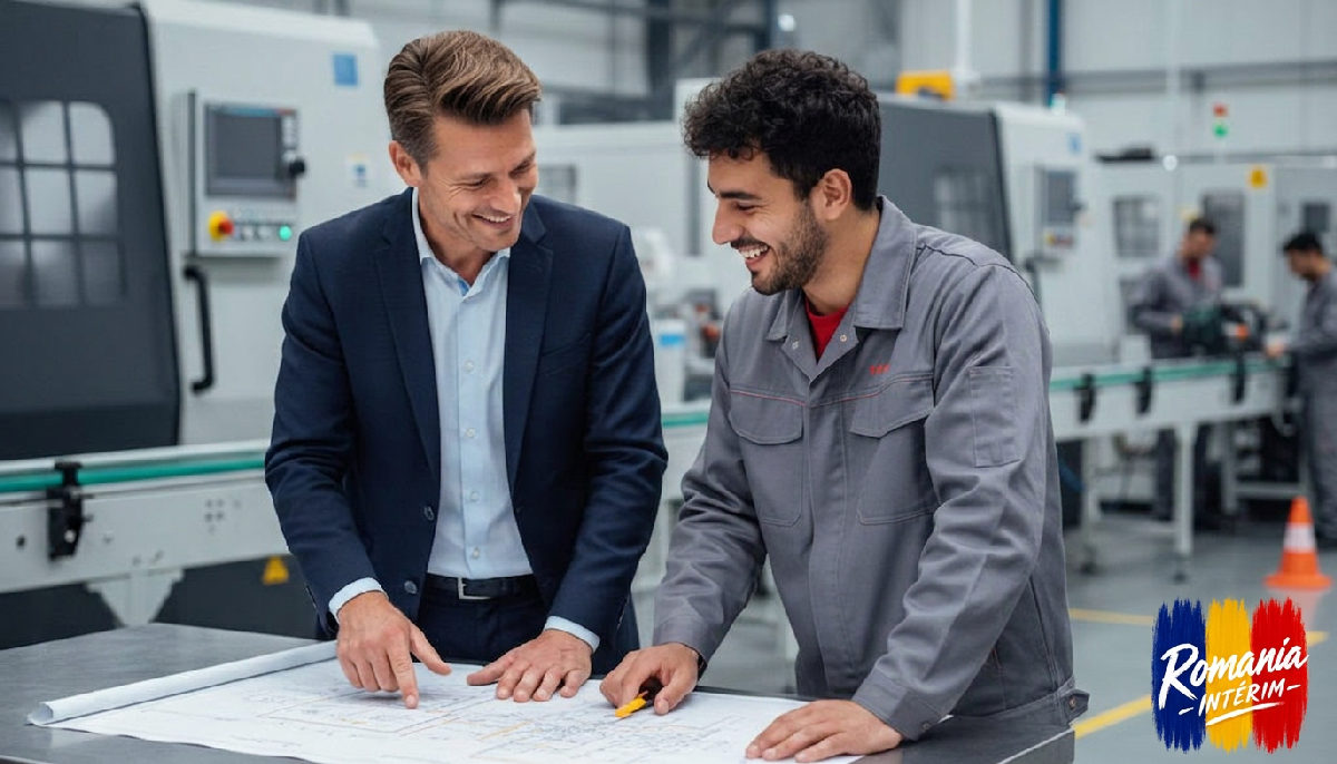 Collaboration franco-roumaine sur des schémas techniques en usine.