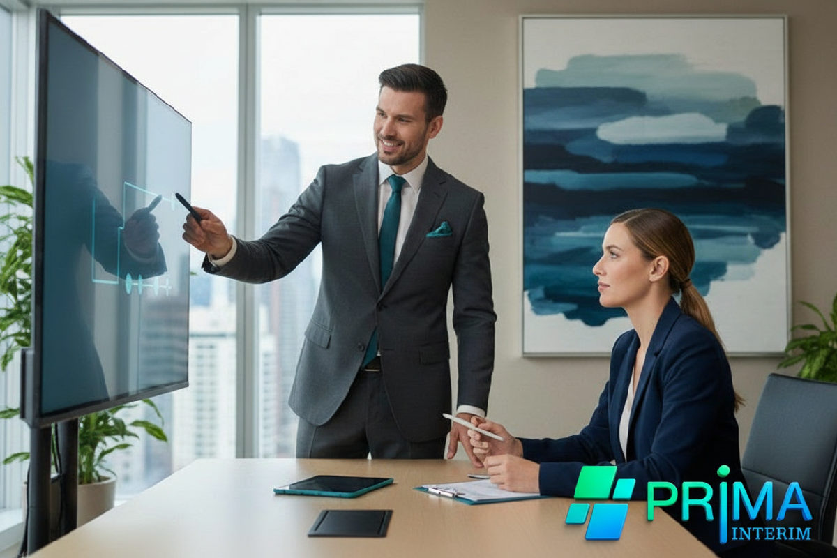 Un consultant présente une solution de recrutement simplifiée à un chef d'entreprise.