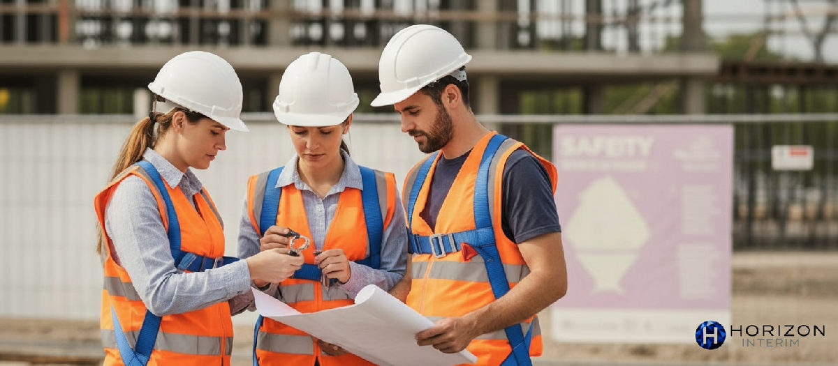 Chantier de construction : ouvriers en sécurité avec EPI.