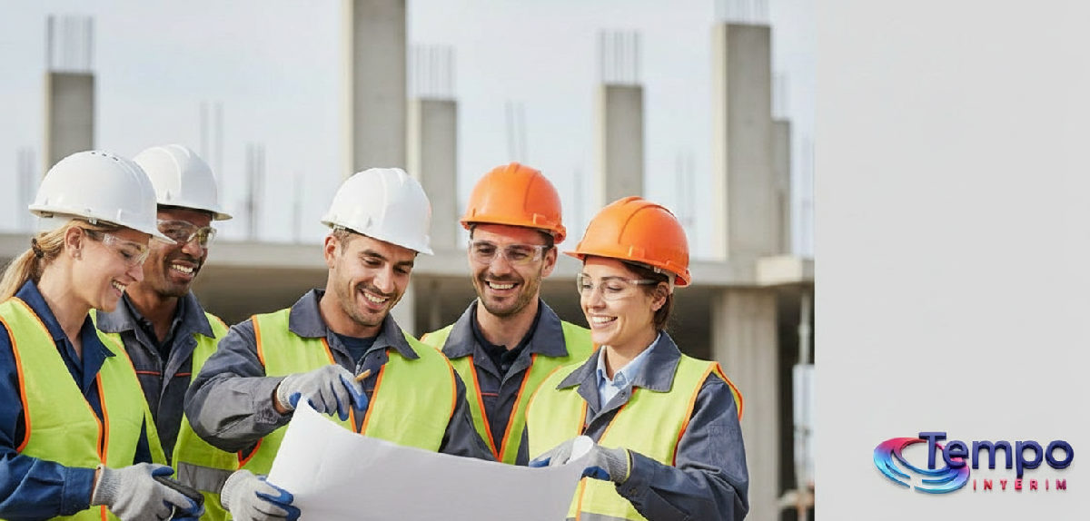 Travailleurs français et roumains souriants collaborant sur un chantier.